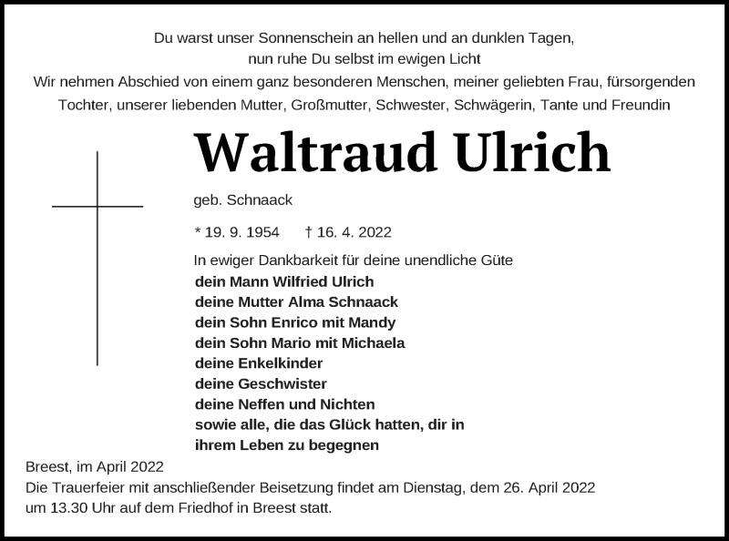  Traueranzeige für Waltraud Ulrich vom 22.04.2022 aus Neubrandenburger Zeitung