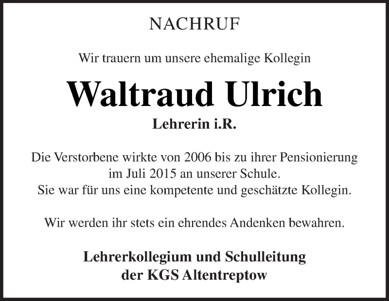  Traueranzeige für Waltraud Ulrich vom 30.04.2022 aus Treptower Tageblatt