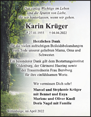 Traueranzeigen von Karin Krüger Trauer Nordkurier