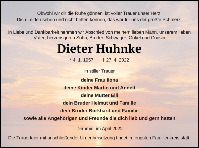  Traueranzeige für Dieter Huhnke vom 03.05.2022 aus Demminer Zeitung