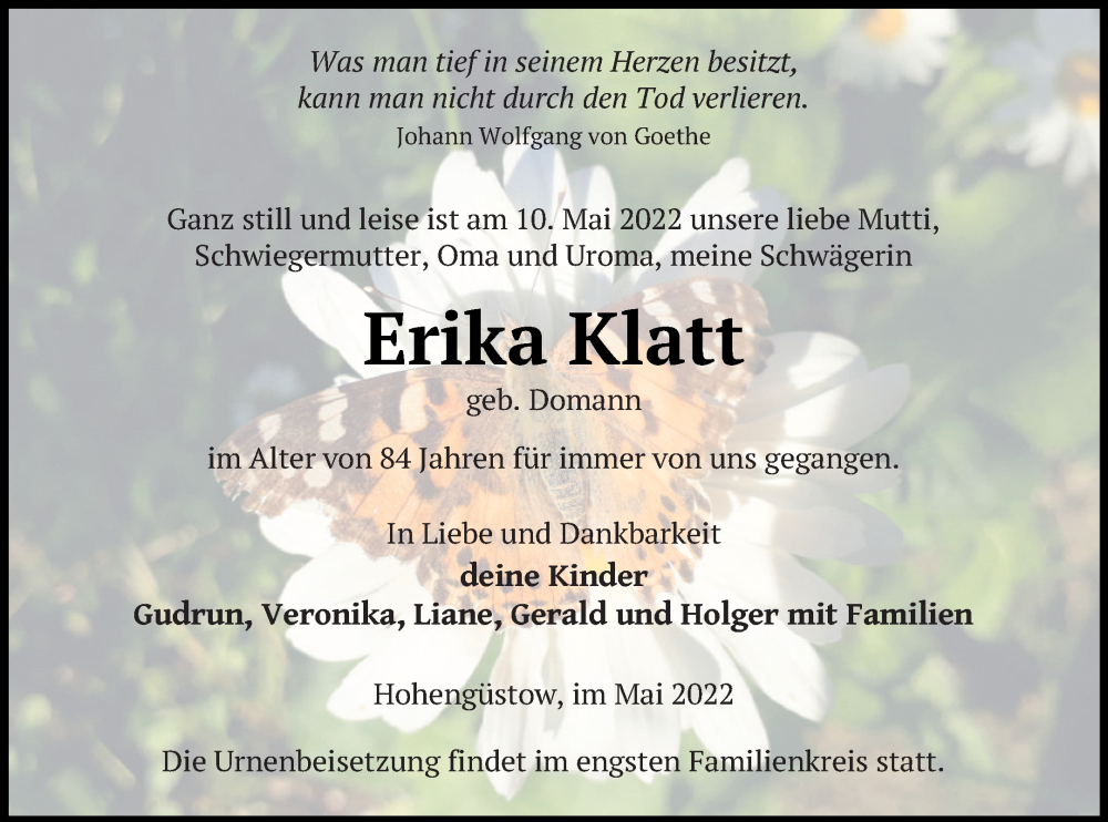  Traueranzeige für Erika Klatt vom 14.05.2022 aus Prenzlauer Zeitung