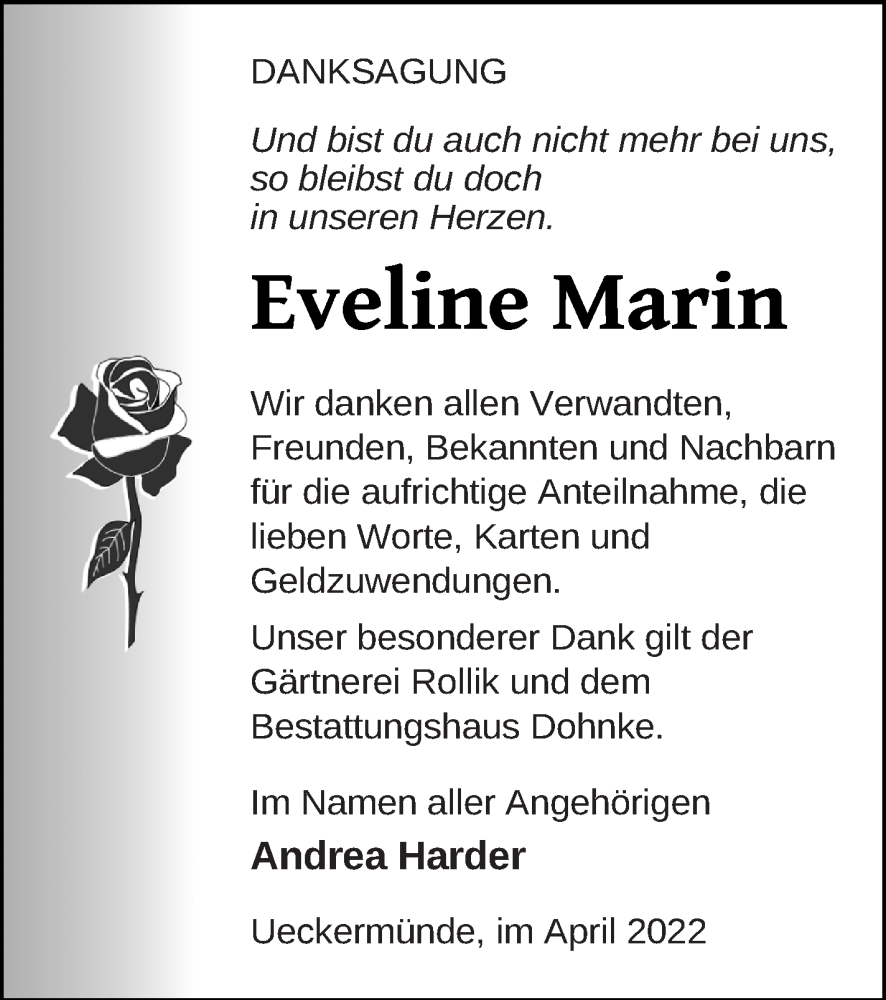 Traueranzeigen Von Eveline Marin Trauer Nordkurier