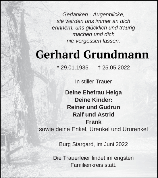 Traueranzeigen Von Gerhard Grundmann Trauer Nordkurier