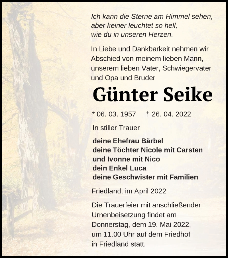  Traueranzeige für Günter Seike vom 03.05.2022 aus Neubrandenburger Zeitung
