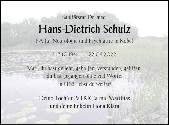 Traueranzeige von Hans-Dietrich Schulz von Müritz-Zeitung