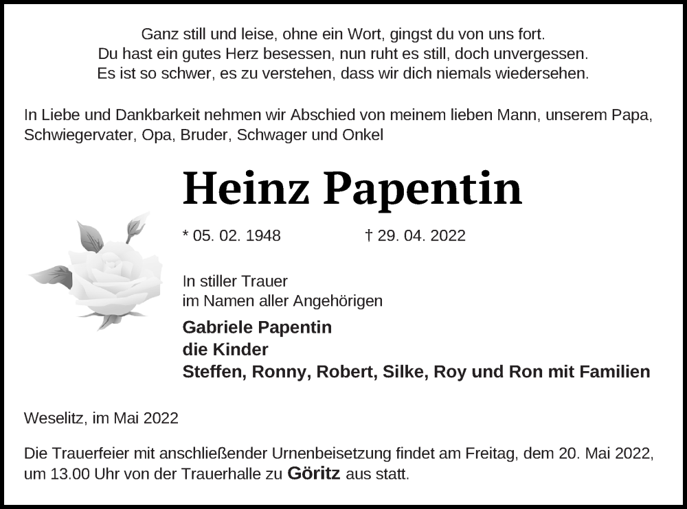  Traueranzeige für Heinz Papentin vom 06.05.2022 aus Prenzlauer Zeitung