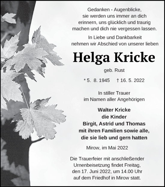 Traueranzeigen Von Helga Kricke Trauer Nordkurier