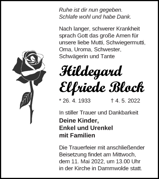 Traueranzeige von Hildegard Elfriede Block von Müritz-Zeitung