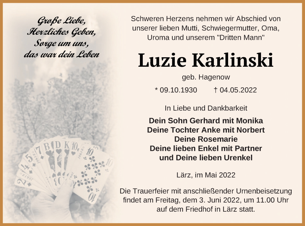  Traueranzeige für Luzie Karlinski vom 20.05.2022 aus Müritz-Zeitung