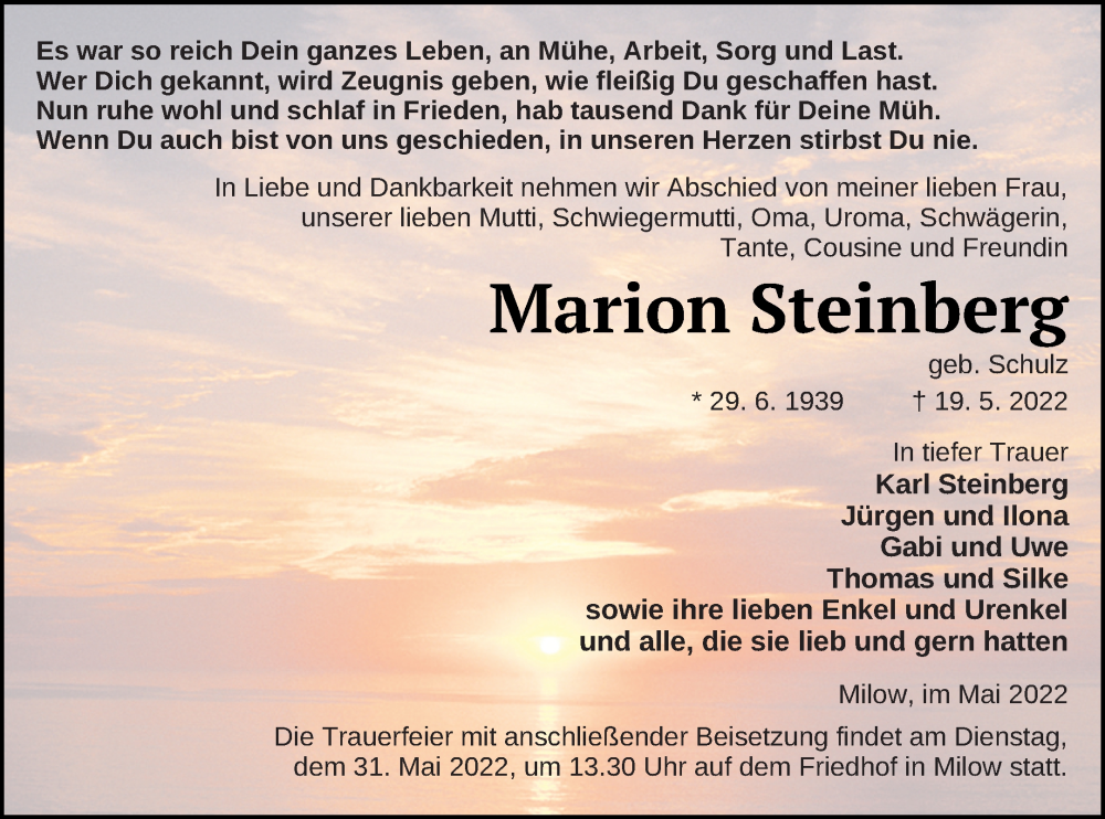  Traueranzeige für Marion Steinberg vom 25.05.2022 aus Pasewalker Zeitung