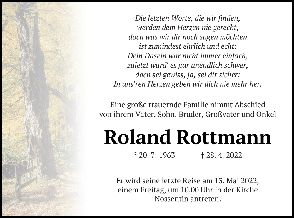  Traueranzeige für Roland Rottmann vom 06.05.2022 aus Müritz-Zeitung