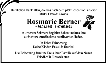 Traueranzeigen Von Rosmarie Berner Trauer Nordkurier