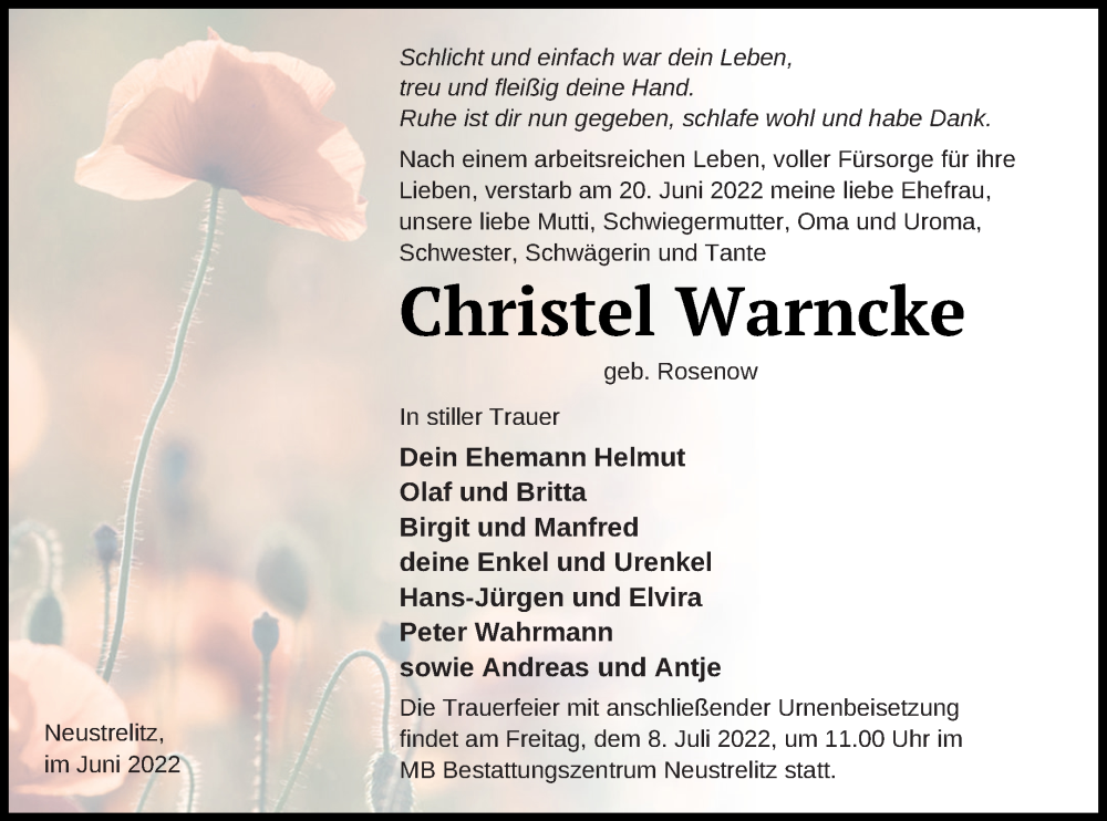  Traueranzeige für Christel Warncke vom 24.06.2022 aus Strelitzer Zeitung