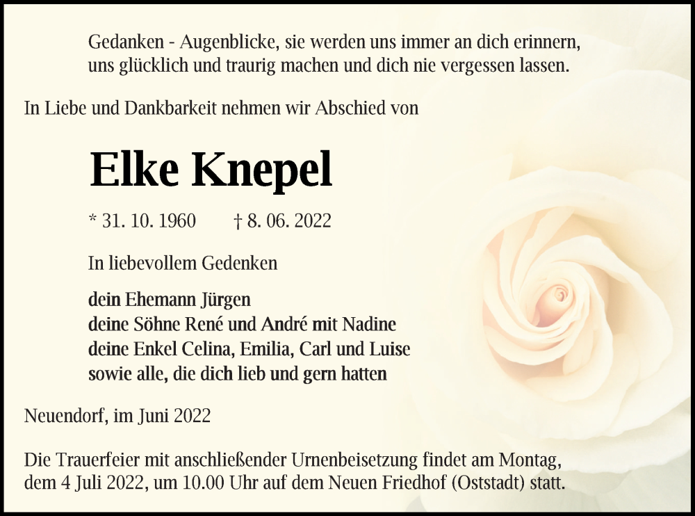  Traueranzeige für Elke Knepel vom 17.06.2022 aus Neubrandenburger Zeitung