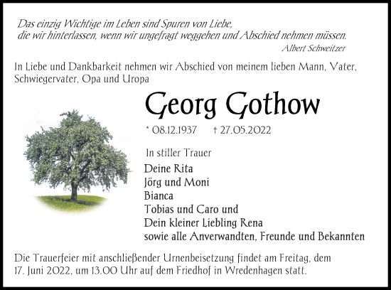 Traueranzeige von Georg Gothow von Müritz-Zeitung