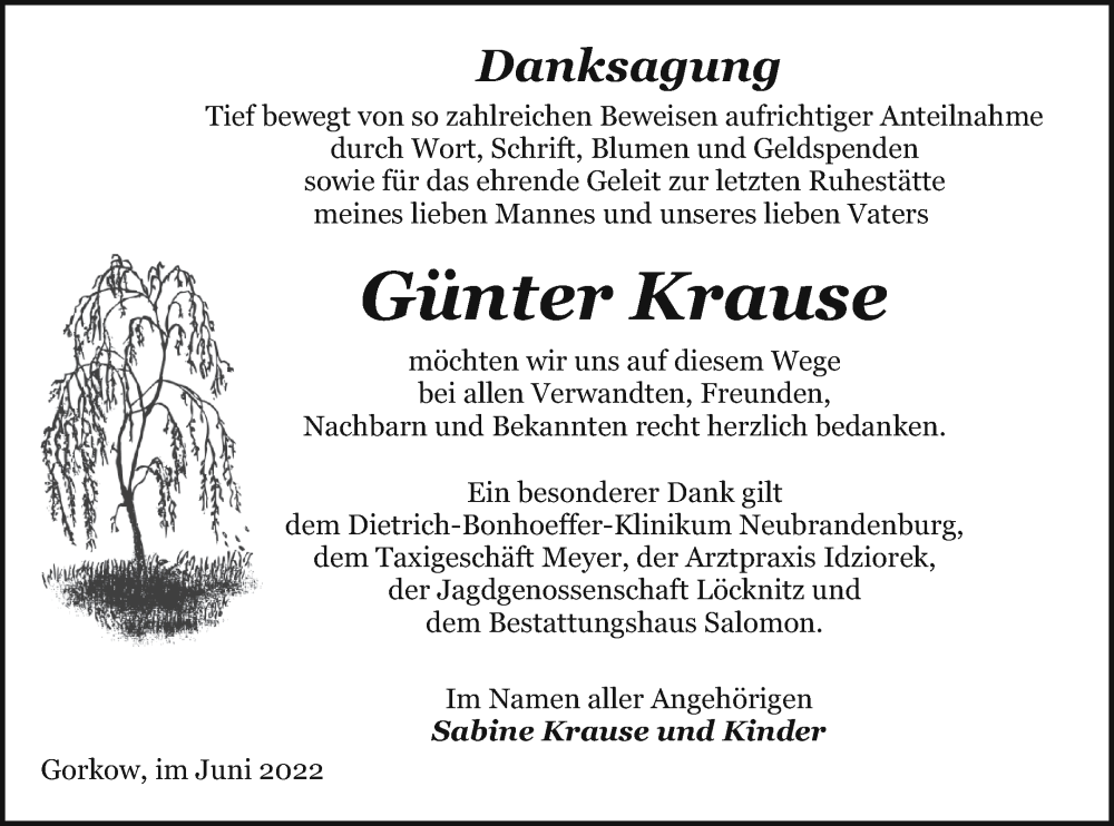  Traueranzeige für Günter Krause vom 17.06.2022 aus Pasewalker Zeitung