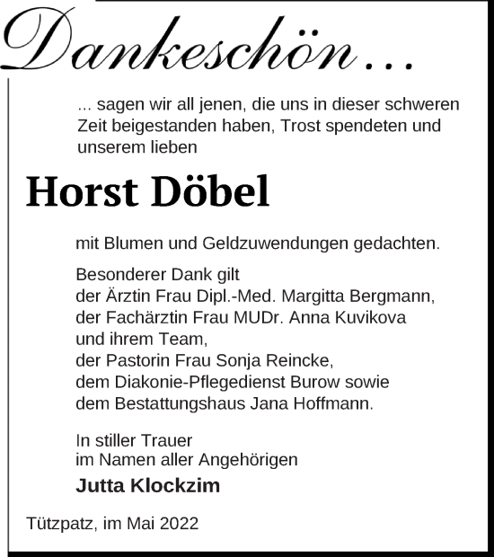 Traueranzeige von Horst Döbel von Neubrandenburger Zeitung