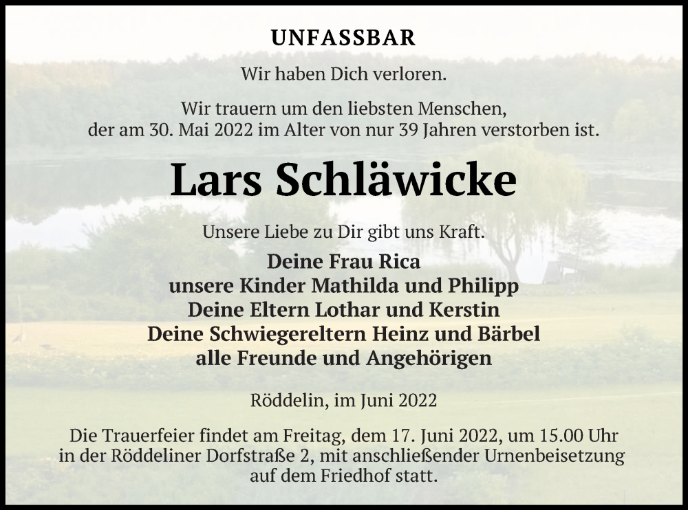 Traueranzeige für Lars Schläwicke vom 03.06.2022 aus Templiner Zeitung