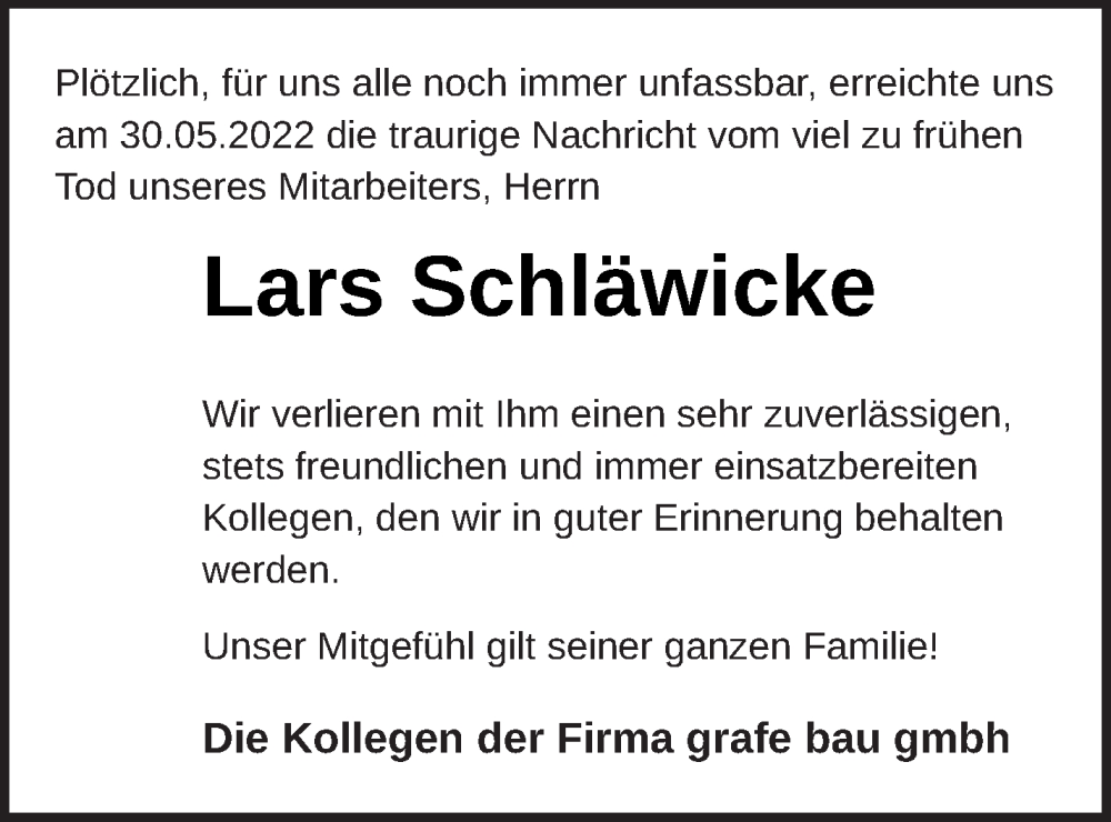  Traueranzeige für Lars Schläwicke vom 08.06.2022 aus Templiner Zeitung