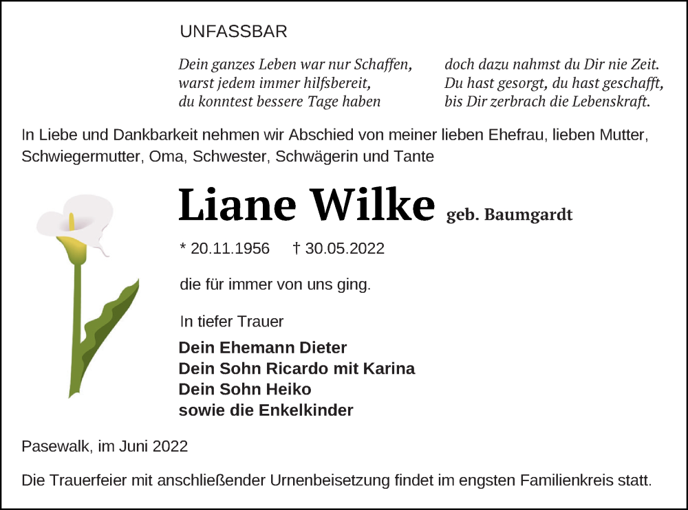  Traueranzeige für Liane Wilke vom 04.06.2022 aus Pasewalker Zeitung