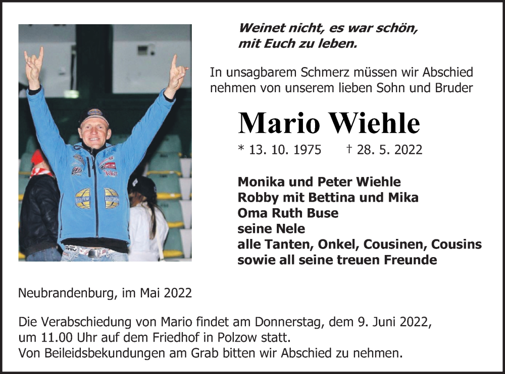  Traueranzeige für Mario Wiehle vom 01.06.2022 aus Neubrandenburger Zeitung