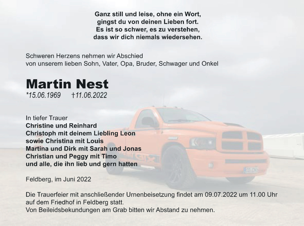  Traueranzeige für Martin Nest vom 24.06.2022 aus Strelitzer Zeitung