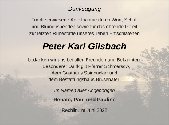 Traueranzeige von Peter Karl Gilsbach von Müritz-Zeitung