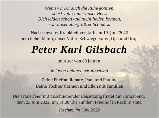 Traueranzeige von Peter Karl Gilsbach von Müritz-Zeitung