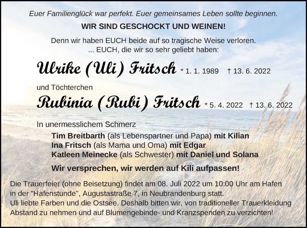 Traueranzeige für Rubinia Fritsch vom 25.06.2022 aus Demminer Zeitung
