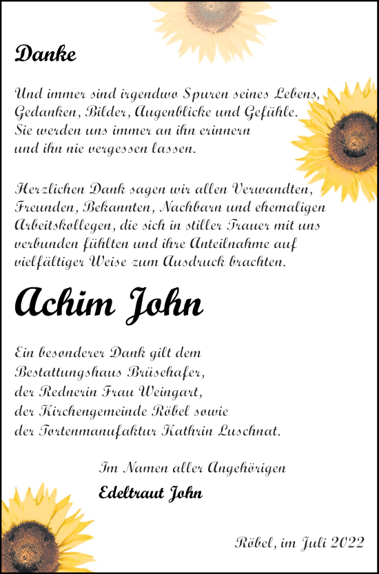 Traueranzeige von Achim John von Müritz-Zeitung