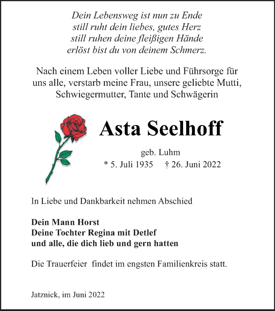  Traueranzeige für Asta Seelhoff vom 02.07.2022 aus Pasewalker Zeitung