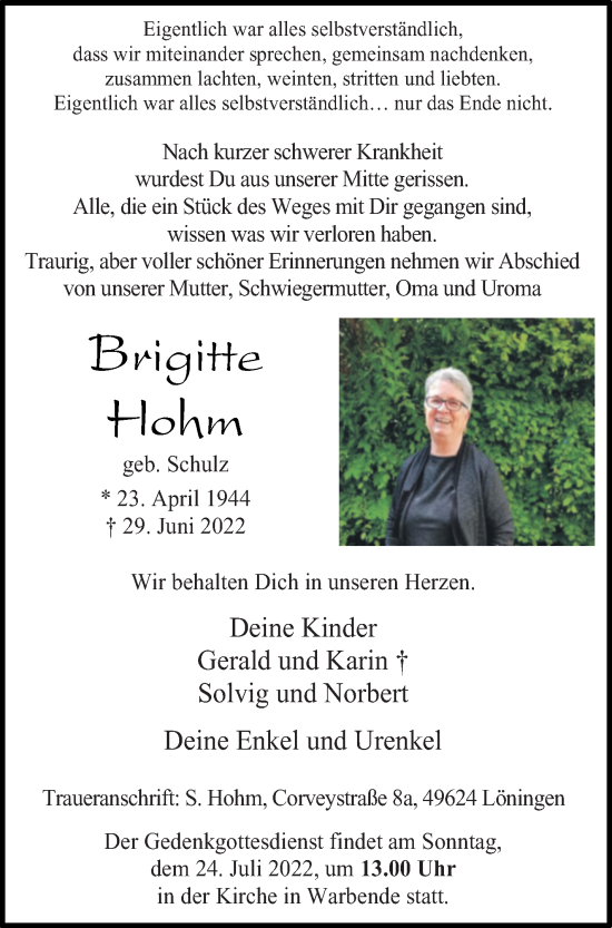 Traueranzeigen Von Brigitte Hohm Trauer Nordkurier