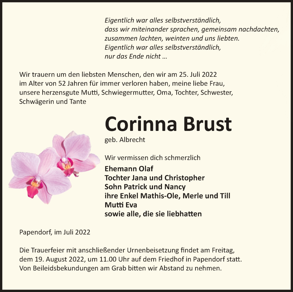  Traueranzeige für Corinna Brust vom 30.07.2022 aus Pasewalker Zeitung