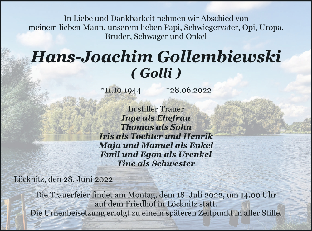  Traueranzeige für Hans-Joachim Gollembiewski vom 02.07.2022 aus Pasewalker Zeitung