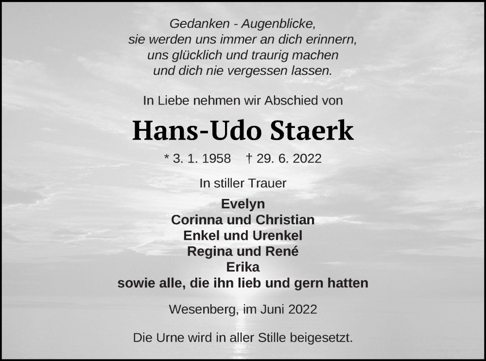  Traueranzeige für Hans-Udo Staerk vom 05.07.2022 aus Strelitzer Zeitung