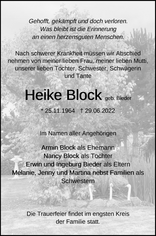  Traueranzeige für Heike Block vom 02.07.2022 aus Neubrandenburger Zeitung