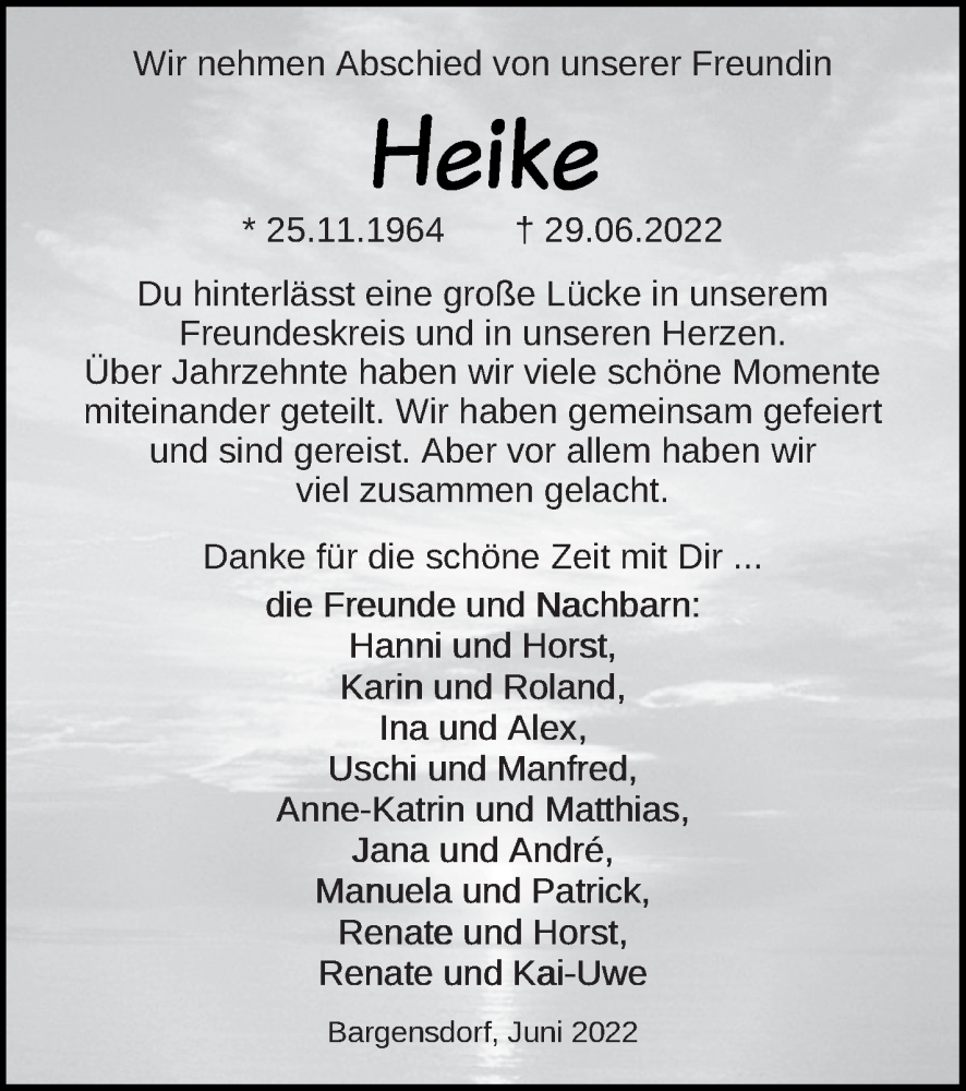  Traueranzeige für Heike Block vom 06.07.2022 aus Neubrandenburger Zeitung