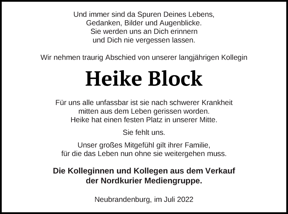  Traueranzeige für Heike Block vom 07.07.2022 aus Neubrandenburger Zeitung