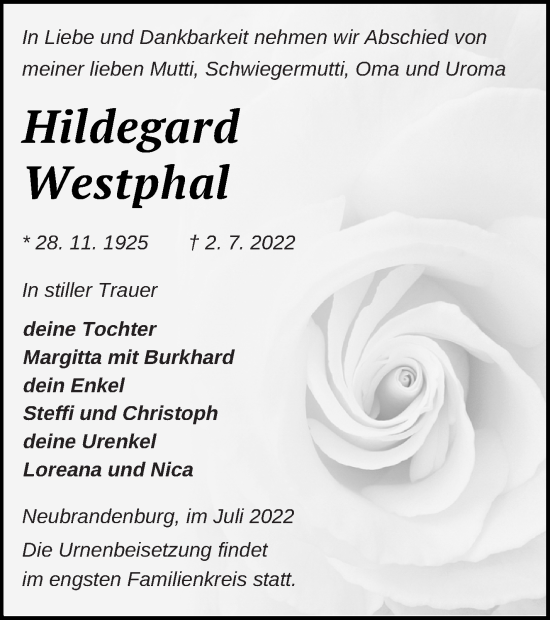 Traueranzeigen Von Hildegard Westphal Trauer Nordkurier