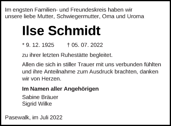 Traueranzeigen Von Ilse Schmidt Trauer Nordkurier