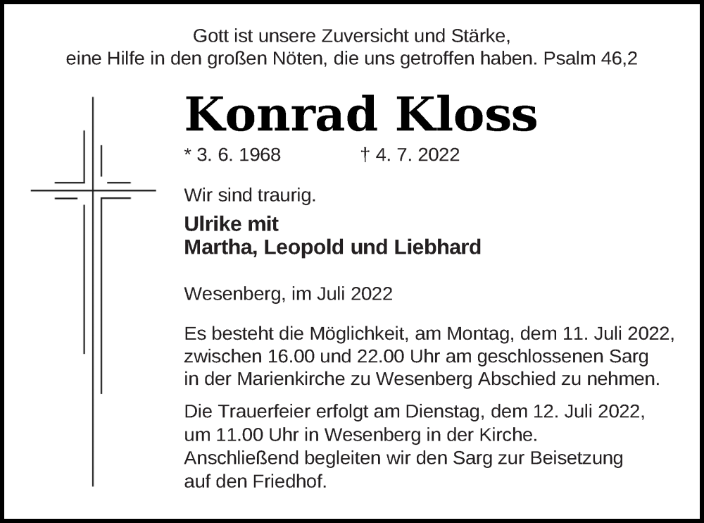  Traueranzeige für Konrad Kloss vom 09.07.2022 aus Müritz-Zeitung