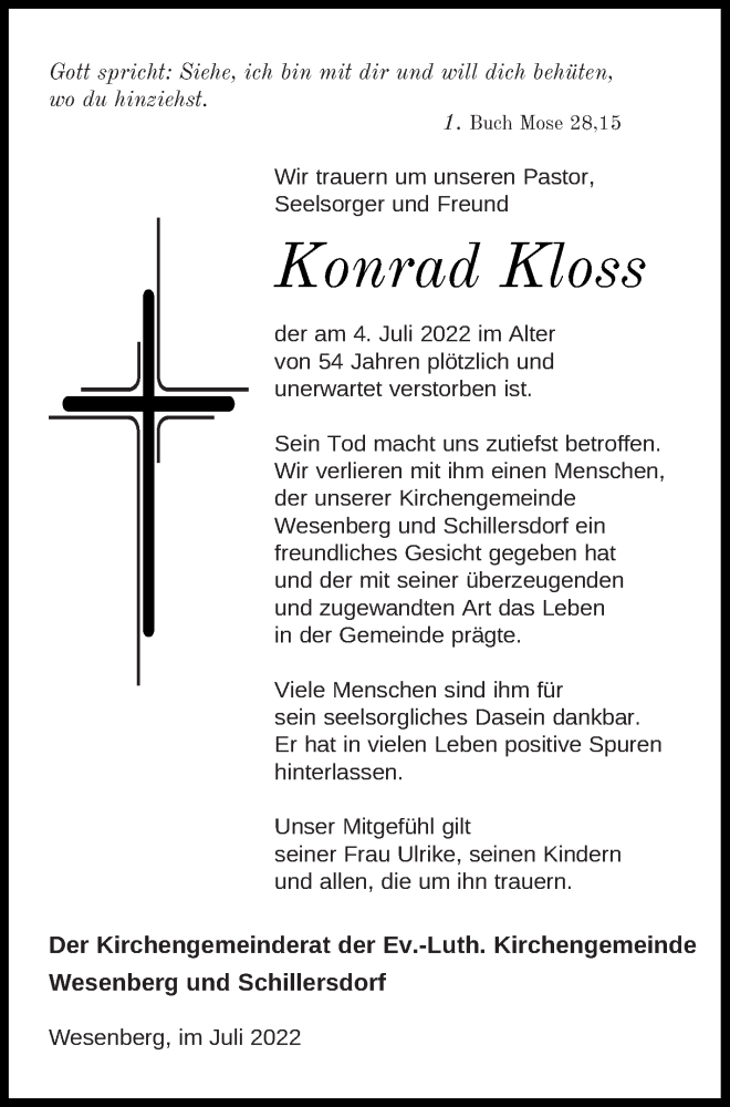  Traueranzeige für Konrad Kloss vom 16.07.2022 aus Strelitzer Zeitung