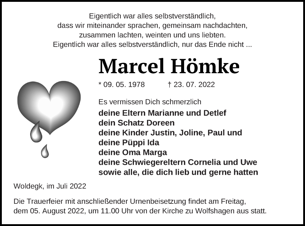  Traueranzeige für Marcel Hömke vom 29.07.2022 aus Strelitzer Zeitung