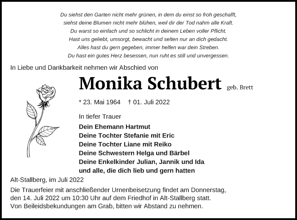  Traueranzeige für Monika Schubert vom 08.07.2022 aus Haff-Zeitung