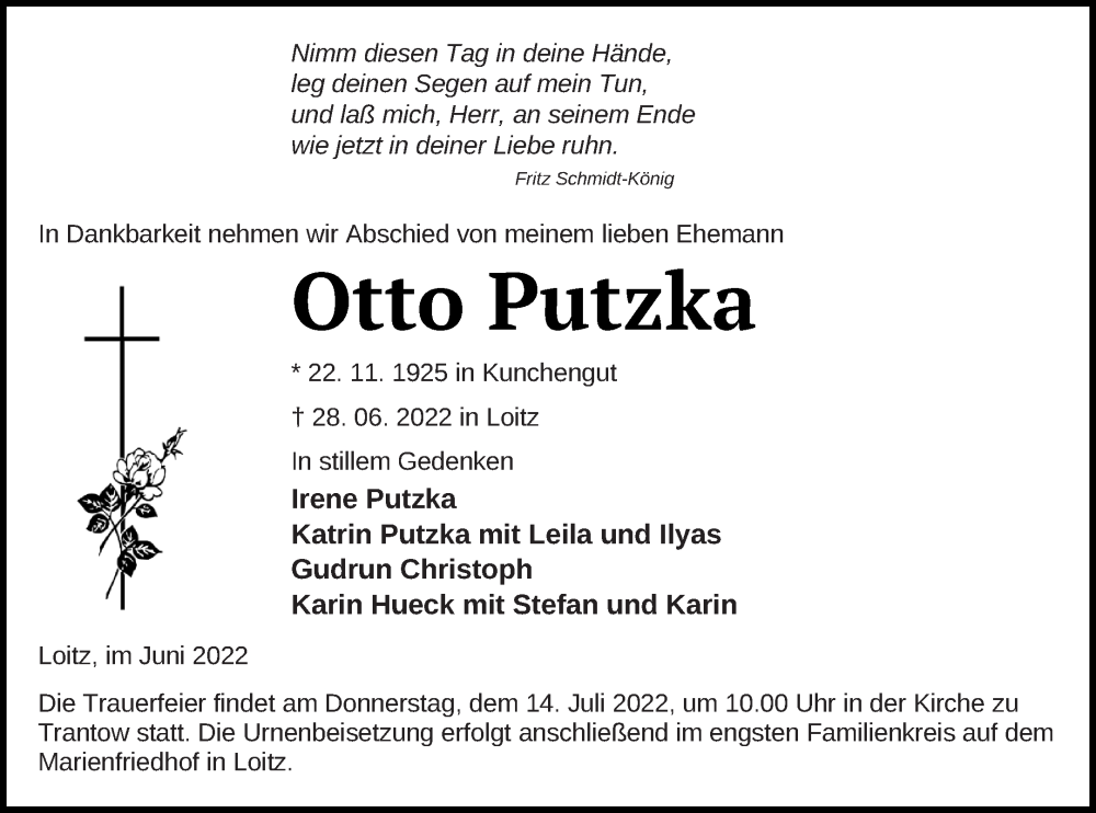  Traueranzeige für Otto Putzka vom 02.07.2022 aus Vorpommern Kurier