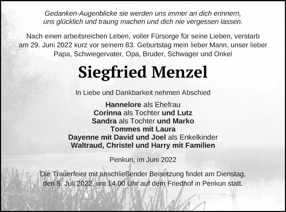  Traueranzeige für Siegfried Menzel vom 01.07.2022 aus Pasewalker Zeitung