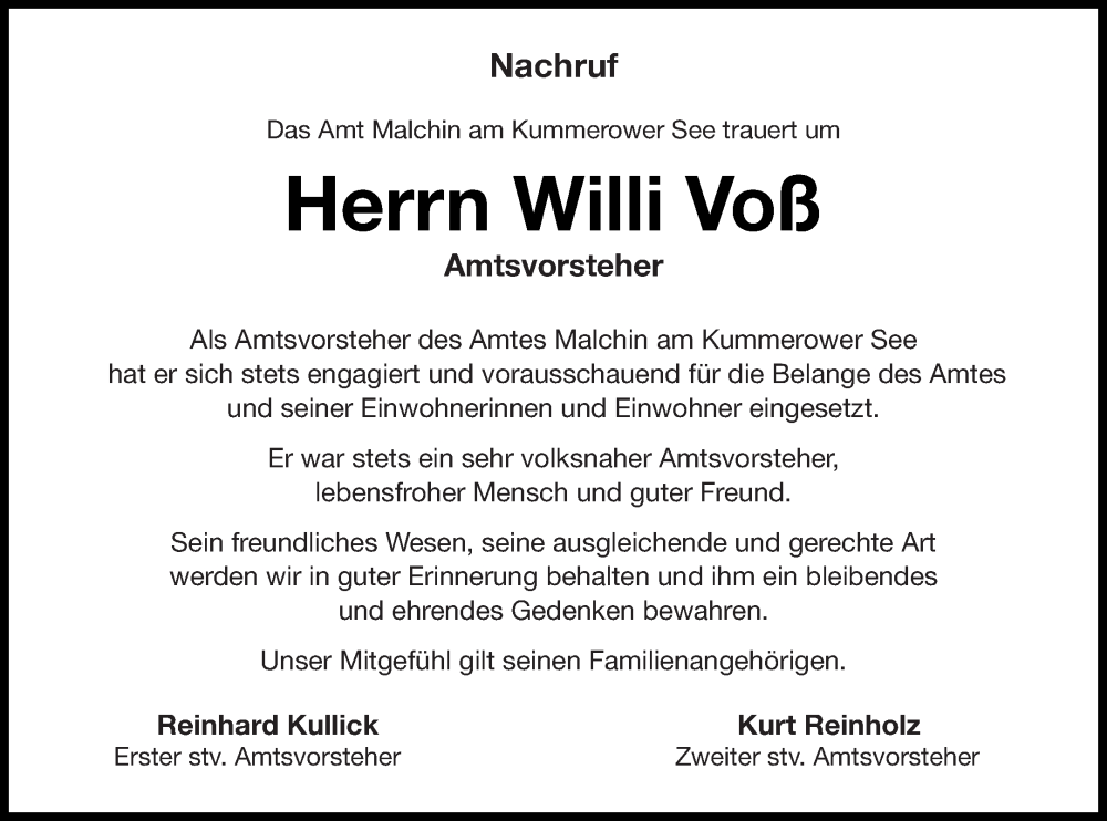  Traueranzeige für Willi Voß vom 05.07.2022 aus Mecklenburger Schweiz