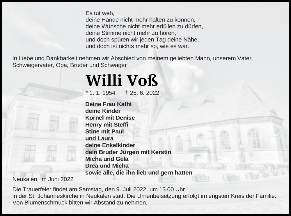  Traueranzeige für Willi Voß vom 02.07.2022 aus Mecklenburger Schweiz