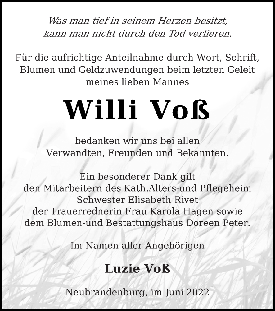  Traueranzeige für Willi Voß vom 05.07.2022 aus Neubrandenburger Zeitung