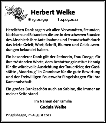 Traueranzeigen Von Herbert Welke Trauer Nordkurier